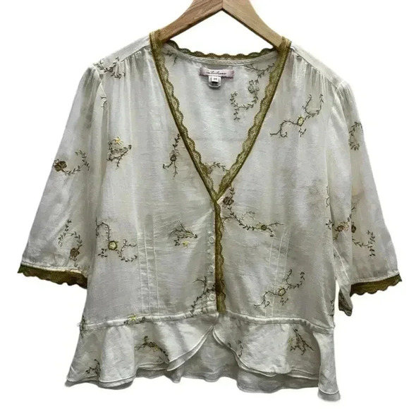 Feminine Light Cotton Deep V Short Sleeve Embroidered Button Closure Scalloped - Picture 1 of 15